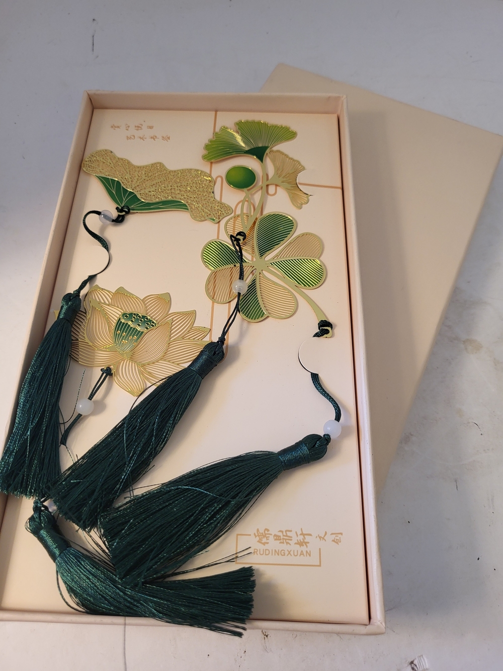 Botanical Chinese Bookmarks Gift Boxed S/4 Brass Plated Rudingxuan